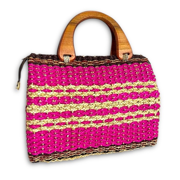 Handmade Pink & Beige Woven Handbag from the Philippines - Picture 1 of 13